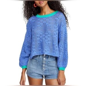 Free People Home Run Cropped Sweater - Periwinkle Blue - Crochet Knit - Size M